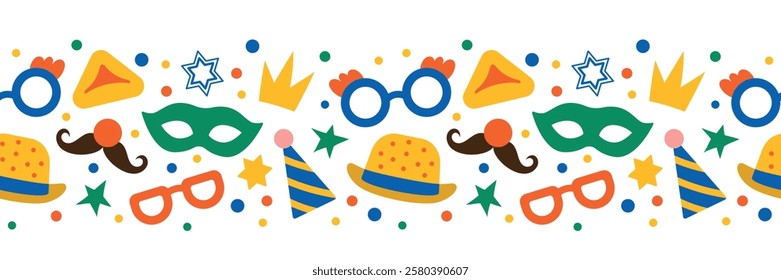 Purim seamless border. Carnival mask, clown nose, party cap and other festive elements. Vector illustration for card, textile, banner, background