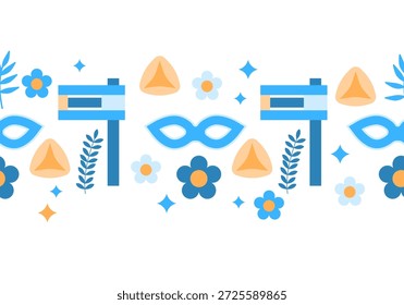 Purim patrón de borde sin fisuras. Gomenash, pastelería hamantash y máscara de carnaval. Antecedentes de Purim