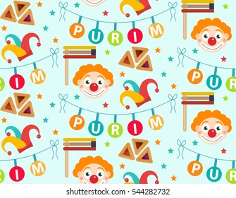 Purim seamless pattern with carnival elements. Happy Purim Jewish festival, carnival, endless background, texture, wallpaper. Vector illustration
