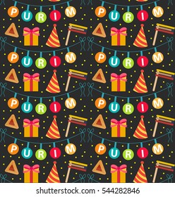Purim seamless pattern with carnival elements. Happy Purim Jewish festival, carnival, endless background, texture, wallpaper. Vector illustration