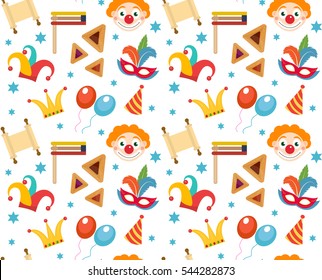 Purim seamless pattern with carnival elements. Happy Purim Jewish festival, carnival, endless background, texture, wallpaper. Vector illustration