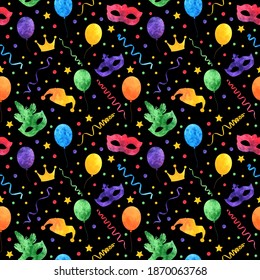 Purim seamless pattern with carnival watercolor elements. Jewish festival, endless background, texture, wallpaper. Vector illustration.