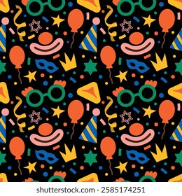 Purim seamless pattern. Clown nose, masquerade mask, balloons, party hat on a black background. Bright, festive vector illustration for card, wrapping paper, background or textile