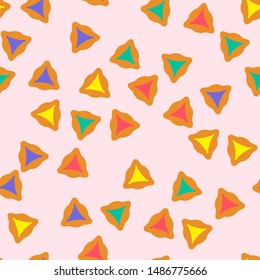 Purim seamless pattern with hamantaschen cookies in cartoon style. Textile ornament with hamantaschen cookies on light background. Design for the decoration of the Jewish holiday of Purim