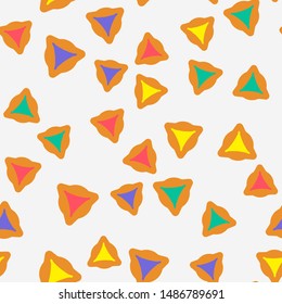 Purim seamless pattern with hamantaschen cookies in cartoon style. Textile ornament with hamantaschen cookies on light background. Design for the decoration of the Jewish holiday of Purim