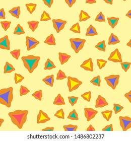 Purim seamless pattern with hamantaschen cookies in cartoon style. Textile ornament with hamantaschen cookies on light background. Design for the decoration of the Jewish holiday of Purim