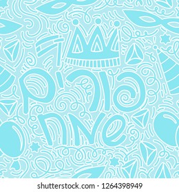 Purim seamless pattern with hats, grogger, crown, hamantaschen and Hebrew text Happy Purim. Monochrome vector illustration in hand drawn doodles stiyle. Blue background