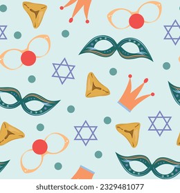 Purim seamless pattern with masks, glasses, Star of David and purim cookies no blue background.  
