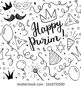 Purim seamless pattern. Traditional Jewish holiday elements, hand drawn background. vector illustration.