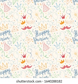 Purim seamless pattern. Traditional Jewish holiday elements, hand drawn background. vector illustration.