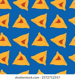 Purim seamless pattern. Yellow gomenash on a bright blue background. Modern vector illustration for wrapping paper, greeting card, fabric, background