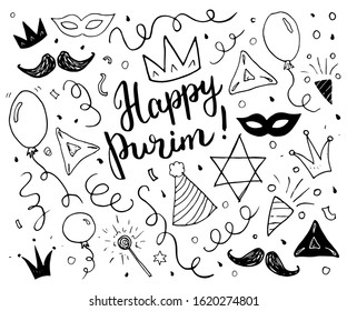 Purim sketch doodles. Hand drawn set. Traditional Jewish holiday elements. vector illustration isolated on white background.