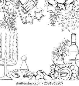 Purim square greeting card template in black and white vector illustration. Jewish holiday symbols banner frame for coloring with Torah megillah Esther, masks, menorah, raashan and cookies