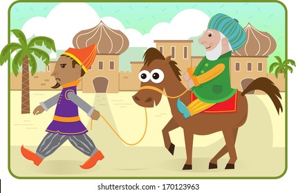 Purim Story - Mordechai Rides A Horse Lead By Haman. Eps10