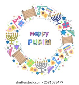 Purim vector greeting card, flyer or poster with text Happy Purim. Round frame with judaic holiday symbols: menorah, Torah, star of David, carnival costumes, gifts and serpentine on white background.