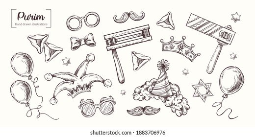 Purim. Vector Hand Drawn. Sketch Illustration. Jewish Holiday, traditional purim symbols, noisemaker, masque, gragger, hamantaschen cookies, crown, star of david, festival decoration, carnival vector