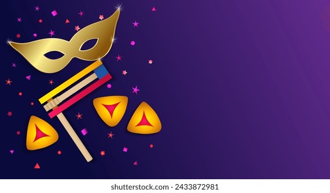 Purim violet background with golden carnival mask raashan and hamentashen. Chag Purim sameach design for holiday card or banner. Vector illustration