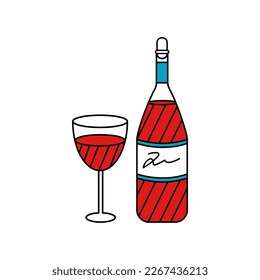 Purim wine set template. Traditional jewish bottle and goblet wine. Outline icon isolated on white background. Hand drawn doodle vector illustration.