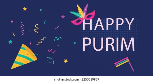 Purim.Happy Purim carnival.Vector greeting card for Purim holiday.Vector flat illustration.Carnival mask.Jewish holiday.Purim party elements.