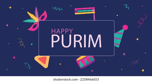 Purim.Happy Purim carnival.Vector greeting card for Purim holiday.Jewish holiday.Jewish holiday.Hamantaschen cookies.Vector flat illustration.Grager ratchet.Purim party elements.Carnival mask.