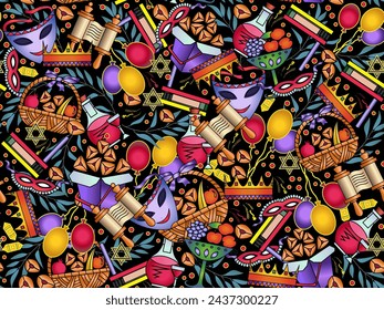 Purim.Seamless pattern.  A Jewish holiday and carnival fair with carnival masks, balloons and traditional Jewish objects. Festival decoration.