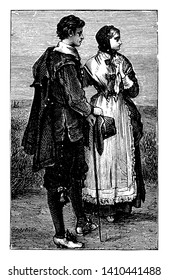 Puritan Costumes which was a religious reform movement that arose within the Church of England in the late sixteenth century, vintage line drawing or engraving illustration.