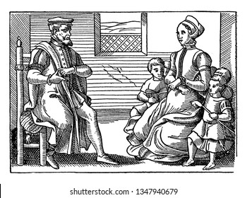 A Puritan family, vintage line drawing or engraving illustration