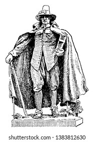 The Puritan was made by St. Gaudens, vintage line drawing or engraving illustration.