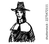 Puritan or Quaker man wearing a hat. Vintage male portrait. Hand drawn linear doodle rough sketch. Black silhouette on white background.