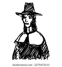 Puritan or Quaker man wearing a hat. Vintage male portrait. Hand drawn linear doodle rough sketch. Black silhouette on white background.