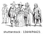 Puritans in mid 17th century who sought to purify the Church of England from all Roman Catholic practices, vintage line drawing or engraving illustration.