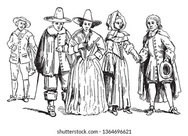 Puritans in mid 17th century who sought to purify the Church of England from all Roman Catholic practices, vintage line drawing or engraving illustration.