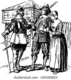 Puritans, vintage engraved illustration drawing