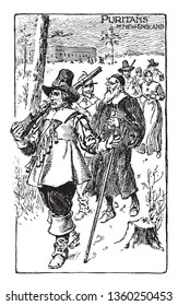 Puritans were a group of English Reformed Protestants,vintage line drawing or engraving illustration.