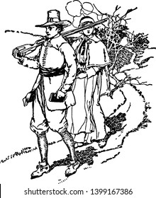 Puritans where a man and woman in Puritan dress walking down a path, vintage line drawing or engraving illustration.