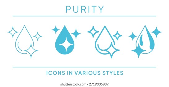 Característica de pureza con gota de agua y símbolos brillantes. Se utiliza para cosméticos, cuidado de la piel y productos de limpieza del hogar para indicar limpieza, higiene y formulación pura. Iconos en varios gráficos