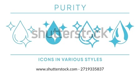 Purity feature with water drop and sparkle symbols. Used for cosmetics, skincare, and household cleaning products to indicate cleanliness, hygiene, and pure formulation. Icons in various graphic