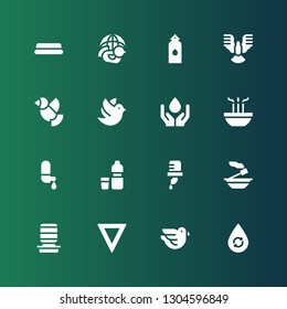 purity icon set. Collection of 16 filled purity icons included Water, Dove, Water dispenser, Incense