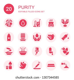 purity icon set. Collection of 20 filled purity icons included Dove, Water, Vacuum, Incense, Water dispenser, Watering