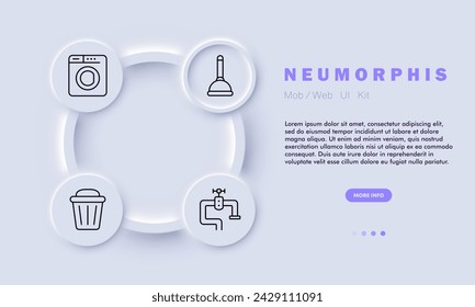 Purity line icon. Cleaning spray, dirt and grime removal, plunger, trash can, washing machine, pipeline. Neomorphism style. Vector line icon for business and advertising