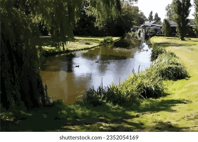 Purmerend, Netherlands, August 23.2023. Cosy home in the middle of green nature vector illustration