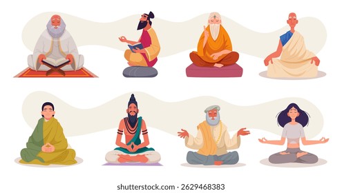 Caracteres Purnima. Professores espirituais e gurus mentores vetoriais exatos pessoas