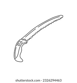 Purning Saw in hand drawn doodle style isolated on white background.Vector outline stock illustration. Sign tool gardening element. Tree pruning Coloring book