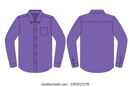 Purpe Long Sleeve Dress Shirt With One Pocket Template On White Background.Front and Back View, Vector File