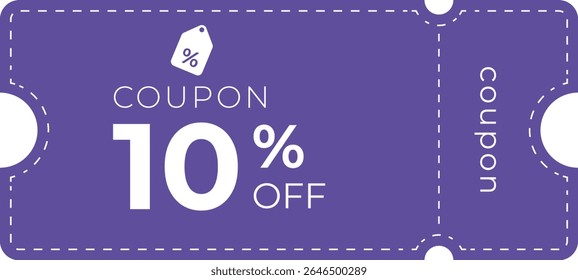Purple 10% discount coupon ticket with bold white text, dashed borders, and tag icon. Perfect for promotions, sales events, marketing, vouchers, and commercial use in digital designs.