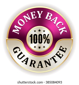 Purple 100 percent money back badge with gold border