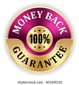 Purple 100 percent money back badge with gold border