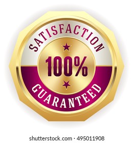 Purple 100 percent satisfaction badge with gold border on white background
