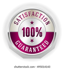 Purple 100 percent satisfaction badge with silver border on white background