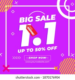 Purple 1.1 Shopping Day Sale Banner Promotion With Memphis Style design. New Year Sale discount, Online Shop. Vector Illustration